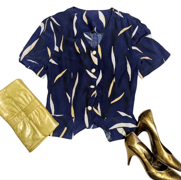 Vintage V neck 80's abstract button-down blouse, 6 - Picture 2 of 4